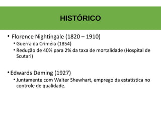 HISTÓRICO
• Florence Nightingale (1820 – 1910)
• Guerra da Criméia (1854)
• Redução de 40% para 2% da taxa de mortalidade (Hospital de 
Scutari)
•Edwards Deming (1927)
• Juntamente com Walter Shewhart, emprego da estatística no 
controle de qualidade.
 