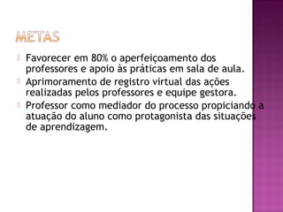 



Favorecer em 80% o aperfeiçoamento dos
professores e apoio às práticas em sala de aula.
Aprimoramento de registro virtual das ações
realizadas pelos professores e equipe gestora.
Professor como mediador do processo propiciando a
atuação do aluno como protagonista das situações
de aprendizagem.

 