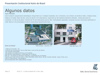 Algunos datos KaVo Mundial Líder mundial en equipamientos odontológicos. Parque fabril con 5 unidades industriales: dos  en Alemania, una en Brasil y las demás en Italia  y Estados Unidos. Filiales en 22 países. Mano-de-obra  activa de más de 3 mil colaboradores. Supervisión de 180 ingenieros altamente calificados.  Ventas para todos los continentes  en más de 60 países. Inversión del 7% de la facturación anual en P&D. 2100 patentes registradas, incluyendo el primer instrumento esterilizado en 1928. Más de 3 mil universidades en todo el mundo tienen equipamientos KaVo. KaVo do Brasil 1 fábrica en Joinville - SC. 2 centros de innovaciones: Uno en São Paulo y otro en Rio de Janeiro. 120 reventas autorizadas. 140 puestos de asistencia técnica en 25 estados 300 técnicos especializados y entrenados por la fábrica Más de 7 mil piezas de reposición originales y garantidas por la empresa.  Exporta para toda América Latina y Otros Mercados (India, África  del Sul, Europa Oriental,  Rusia, China, etc.). Líder en instrumentos  odontológicos.  Aproximadamente 400 colaboradores en Brasil. 05.07.11  - © KaVo do Brasil Ind. e Com. Ltda. Seite  Presentación Institucional KaVo do Brasil Fábrica KaVo - Joinville / SC Filial São Paulo / SP 