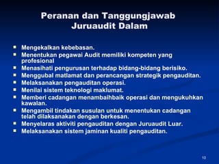 Peranan dan Tanggungjawab  Juruaudit Dalam Mengekalkan kebebasan. Menentukan pegawai Audit memiliki kompeten yang profesional  Menasihati pengurusan terhadap bidang-bidang berisiko. Menggubal matlamat dan perancangan strategik pengauditan. Melaksanakan pengauditan operasi. Menilai sistem teknologi maklumat. Memberi cadangan menambaihbaik operasi dan mengukuhkan kawalan. Mengambil tindakan susulan untuk menentukan cadangan telah dilaksanakan dengan berkesan. Menyelaras aktiviti pengauditan dengan Juruaudit Luar. Melaksanakan sistem jaminan kualiti pengauditan. 