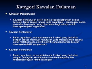 Kategori Kawalan Dalaman Kawalan Pengurusan Kawalan Pengurusan boleh dilihat sebagai gabungan semua kawalan. Ianya adalah rangka kerja organisasi -  rancangan, polisi, prosedur dan amalan yang diperlukan bagi pekerja untuk mencapai objektif organisasi.   Kawalan Pentadbiran Pelan organisasi, prosedur/tatacara & rekod yang berkaitan dengan proses membuat keputusan yang mengarahkan pekerja untuk melaksanakan aktiviti-aktiviti yang dibenarkan ke arah mencapai objektif pengurusan. Kawalan Perakaunan Pelan organisasi, prosedur/tatacara & rekod yang berkaitan dengan penjagaan keselamatan aset dan ketepatan dan kebolehpercayaan rekod kewangan. 