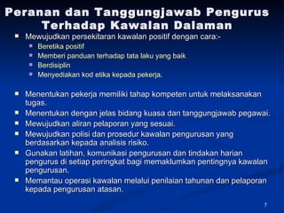 Peranan dan Tanggungjawab Pengurus Terhadap Kawalan Dalaman Mewujudkan persekitaran kawalan positif dengan cara:- Beretika positif Memberi panduan terhadap tata laku yang baik Berdisiplin Menyediakan kod etika kepada pekerja. Menentukan pekerja memiliki tahap kompeten untuk melaksanakan tugas. Menentukan dengan jelas bidang kuasa dan tanggungjawab pegawai. Mewujudkan aliran pelaporan yang sesuai. Mewujudkan polisi dan prosedur kawalan pengurusan yang berdasarkan kepada analisis risiko. Gunakan latihan, komunikasi pengurusan dan tindakan harian pengurus di setiap peringkat bagi memaklumkan pentingnya kawalan pengurusan. Memantau operasi kawalan melalui penilaian tahunan dan pelaporan kepada pengurusan atasan. 