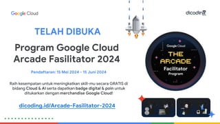 TELAH DIBUKA
Program Google Cloud
Arcade Fasilitator 2024
Pendaftaran: 15 Mei 2024 - 15 Juni 2024
Raih kesempatan untuk meningkatkan skill-mu secara GRATIS di
bidang Cloud & AI serta dapatkan badge digital & poin untuk
ditukarkan dengan merchandise Google Cloud!
dicoding.id/Arcade-Fasilitator-2024
 