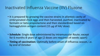 Inactivated Influenza Vaccine (IIV) Fluzone
• It is prepared by growing the vaccine strains in allantoic cavity of
embryonated chick eggs and then harvested, purified, inactivated by
formalin or beta propiolactone and then standardized based on
hemagglutinin antigen content (15 µg of HA/ dose).
• Schedule: Single dose administered by intramuscular Route; except
for 6 months-8 years of age (2 doses are required ≥4 weeks apart)
• Timing of vaccination: Optimally before onset of influenza season, i.e.
by end of October
 