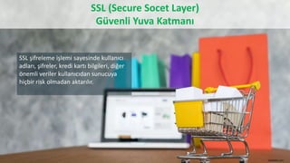 SSL (Secure Socet Layer)
Güvenli Yuva Katmanı
SSL şifreleme işlemi sayesinde kullanıcı
adları, şifreler, kredi kartı bilgileri, diğer
önemli veriler kullanıcıdan sunucuya
hiçbir risk olmadan aktarılır.
Godaddy.com
 