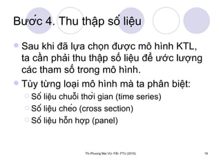 Bước 4. Thu thập số liệu Sau khi đã lựa chọn được mô hình KTL, ta cần phải thu thập số liệu để ước lượng các tham số trong mô hình.  Tùy từng loại mô hình mà ta phân biệt: Số liệu chuỗi thời gian (time series) Số liệu chéo (cross section) Số liệu hỗn hợp (panel) 