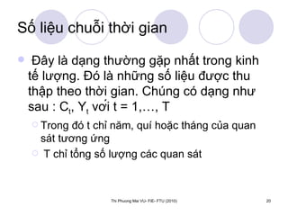 Số liệu chuỗi thời gian   Đây là dạng thường gặp nhất trong kinh tế lượng. Đó là những số liệu được thu thập theo thời gian.  Chúng có dạng như sau : C t , Y t  với t = 1,…, T Trong đó t chỉ năm, quí hoặc tháng của quan sát tương ứng T chỉ tổng số lượng các quan sát 