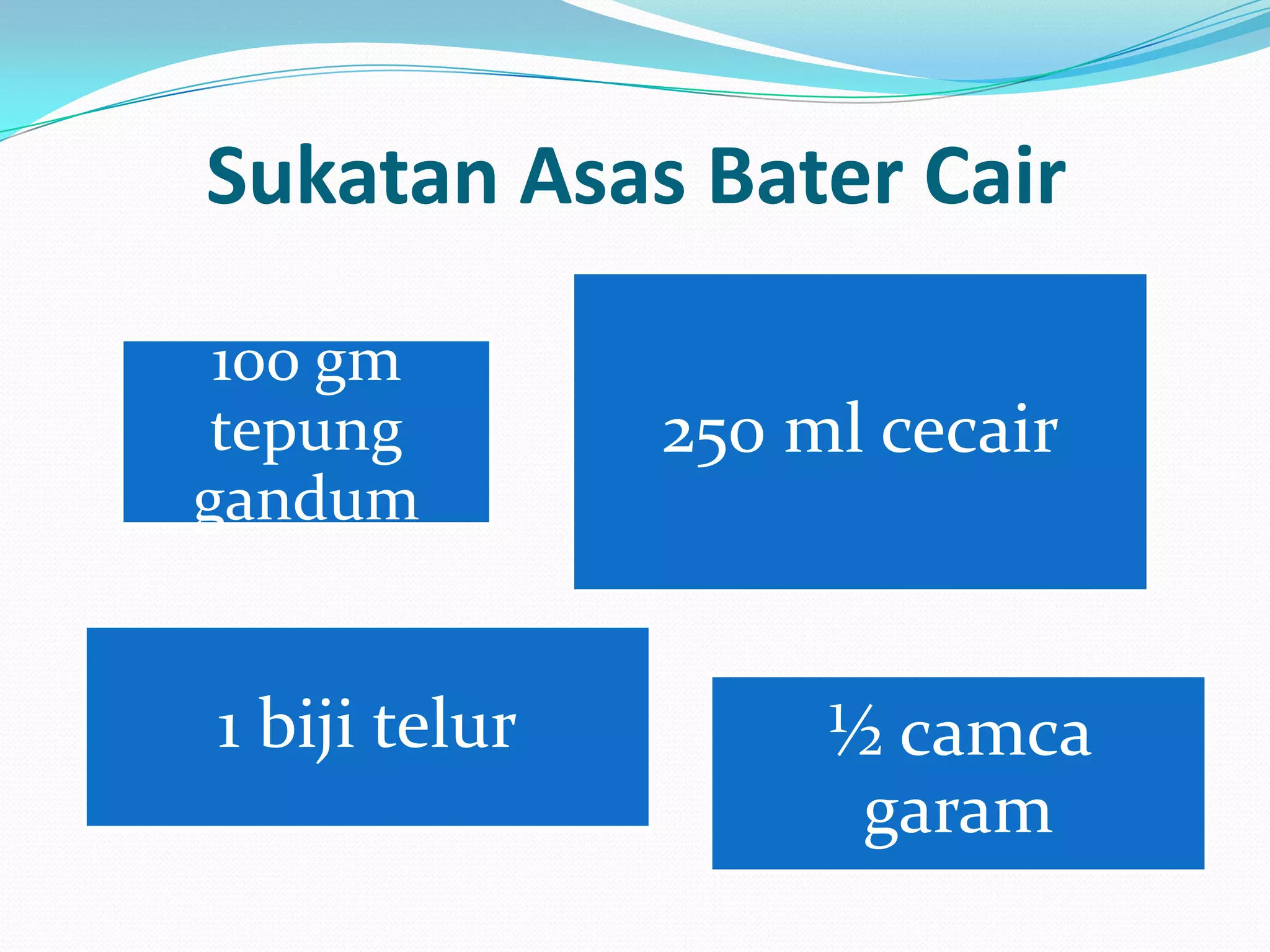 Sukatan Asas Bater Cair
100 gm
tepung
gandum
250 ml cecair
1 biji telur ½ camca
garam
 
