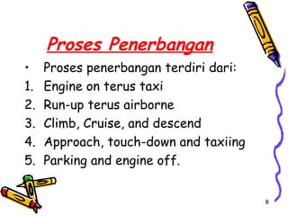 Proses Penerbangan
•    Proses penerbangan terdiri dari:
1.   Engine on terus taxi
2.   Run-up terus airborne
3.   Climb, Cruise, and descend
4.   Approach, touch-down and taxiing
5.   Parking and engine off.


                                        8
 