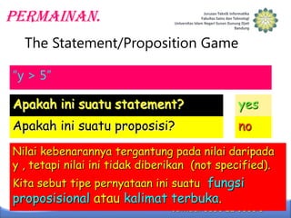 Permainan.
The Statement/Proposition Game
“y > 5”
Apakah ini suatu statement?

yes

Apakah ini suatu proposisi?

no

Nilai kebenarannya tergantung pada nilai daripada
y , tetapi nilai ini tidak diberikan (not specified).
Kita sebut tipe pernyataan ini suatu fungsi

proposisional atau kalimat terbuka.

 