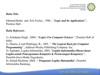 Buku Teks.
Edmund Burke and Eric Foxley , 1996 ; “Logic and Its Applications” ,
Prentice Hall .
Buku Referensi .
1). Arindama Singh , 2004 ; “Logics For Computer Science ”, Prentice Hall of
India.
2). Manna, Z and Waldinger, R., 1985 , “ The Logical Basis for Computer
Programming” , Addison-Wesley Publishing Company. Inc.
3). Suprapto, Logika Informatika, 2003, “Logika Informatika (Dasar-dasar
Logika untuk Pemrograman Komputer & Perancangan Komputer) ”,
Penerbit Gava Media Yogyakarta.
4). Setiadi Rachmat, 2004 , “ Pengantar Logika Matematika”, Penerbit
Informatika Bandung.

 