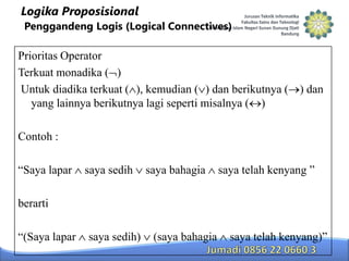 Logika Proposisional
Penggandeng Logis (Logical Connectives)

Prioritas Operator
Terkuat monadika ( )
Untuk diadika terkuat ( ), kemudian ( ) dan berikutnya ( ) dan
yang lainnya berikutnya lagi seperti misalnya ( )
Contoh :
“Saya lapar

saya sedih

saya bahagia

saya telah kenyang ”

berarti
“(Saya lapar

saya sedih)

(saya bahagia

saya telah kenyang)”

 
