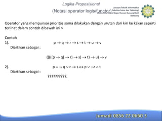 Logika Proposisional

(Notasi operator logis/functor)
Operator yang mempunyai prioritas sama dilakukan dengan urutan dari kiri ke kakan seperti
terlihat dalam contoh dibawah ini >
Contoh
1).
Diartikan sebagai :

q

r

(((((p

q)

r)

p

2).

p

q

Diartikan sebagai :

??????????.

r

s

t

s)
s

u

v

t)
p

u)
r

v
t

 