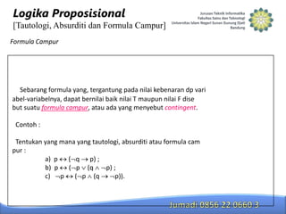 Logika Proposisional
[Tautologi, Absurditi dan Formula Campur]
Formula Campur

Sebarang formula yang, tergantung pada nilai kebenaran dp vari
abel-variabelnya, dapat bernilai baik nilai T maupun nilai F dise
but suatu formula campur, atau ada yang menyebut contingent.
Contoh :
Tentukan yang mana yang tautologi, absurditi atau formula cam
pur :
a) p
( q p) ;
b) p
( p (q
p) ;
c) p
( p (q
p)).

 