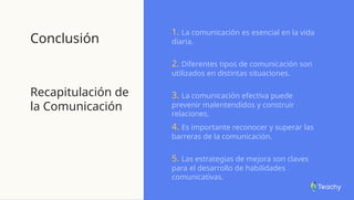 Conclusión
Recapitulación de
la Comunicación
1. La comunicación es esencial en la vida
diaria.
2. Diferentes tipos de comunicación son
utilizados en distintas situaciones.
3. La comunicación efectiva puede
prevenir malentendidos y construir
relaciones.
4. Es importante reconocer y superar las
barreras de la comunicación.
5. Las estrategias de mejora son claves
para el desarrollo de habilidades
comunicativas.
 