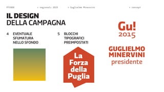FF3300 > regionali 2015 > Guglielmo Minervini > concept 
IL DESIGN 
DELA CAMPAGNA 
4 EVENTUALE 
SFUMATURA 
NELLO SFONDO 
5 BLOCCHI 
TIPOGRAFICI 
PREIMPOSTATI 
presidente 
L 
Forza 
della 
Puglia 
 