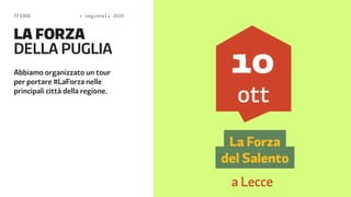 FF3300  regionali 2015 
LA FORZA 
DELA PUGLIA 
Abbiamo organizzato un tour 
per portare #LaForza nelle 
principali città della regione. 
 
