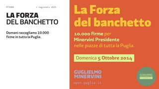 FF3300  regionali 2015 
LA FORZA 
DEL BANCHETTO 
Domani raccogliamo 10.000 
firme in tutta la Puglia. 
