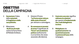 FF3300 > regionali 2015 > Guglielmo Minervini > concept 
obiettivi 
della campagna 
1 Aumentare il dato 
della notorietà 
di Guglielmo e delle 
sue politiche. 
2 Rilanciamo 
#LaForza di molti 
contro la forza fisica 
di Michele Emiliano. 
3 Usiamo il frame 
“La Forza come rottura 
dello stato d’inerzia” 
per attivare e coinvolgere. 
4 Ri-connotare in termini 
di senso il significato di 
“forza” nel vocabolario 
politico (solitamente 
è un termine che viene 
associato alle destre). 
5 Costruire una rete significa 
coltivare le relazioni, 
per questo è fondamentale 
che i nodi dialoghinino 
tra loro. 
6 Moltiplicare sia 
qualitativamente sia 
quantitativamente 
la potenza di fuoco della 
campagna. 
 
