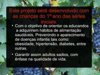 Este projeto será desenvolvido com
as crianças do 1º ano das séries
iniciais.
Com o objetivo de orientar os educandos
a adquirirem hábitos de alimentação
saudáveis. Prevenindo o aparecimento
de doenças infantis tais como:
obesidade, hipertensão, diabetes, entre
outras.
Garantir assim adultos sadios, com
ênfase na qualidade de vida.