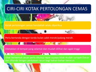 CIRI-CIRI KOTAK PERTOLONGAN CEMAS
Kotak pertolongan cemas hendaklah selalu diperiksa
Perlu bertanda dengan tanda bulan sabit merah/palang merah.
Diletakkan di tempat yang selamat dan mudah dilihat dan agak tinggi
Ubat berbentuk cecair perlu ditutup rapat supaya tidak mudah tumpah/bocor
dan ditanda dengan perkataan racun bagi bahan-bahan beracun.
 