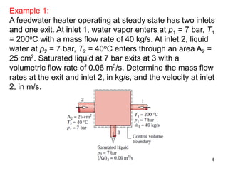 4
Example 1:
A feedwater heater operating at steady state has two inlets
and one exit. At inlet 1, water vapor enters at p1 = 7 bar, T1
= 200oC with a mass flow rate of 40 kg/s. At inlet 2, liquid
water at p2 = 7 bar, T2 = 40oC enters through an area A2 =
25 cm2. Saturated liquid at 7 bar exits at 3 with a
volumetric flow rate of 0.06 m3/s. Determine the mass flow
rates at the exit and inlet 2, in kg/s, and the velocity at inlet
2, in m/s.
 