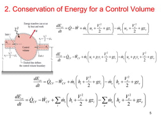 2. Conservation of Energy for a Control Volume
5
2 2
2 2
cv i e
i i i e e e
dE V V
Q W m u gz m u gz
dt
   
          
   
2 2
2 2
cv i e
CV CV i i i e e e
i e
dE V V
Q W m h gz m h gz
dt
   
          
   
 
2 2
2 2
cv i e
CV CV i i i i i e e e e e
dE V V
Q W m u p v gz m u p v gz
dt
   
            
   
2 2
2 2
cv i e
CV CV i i i e e e
dE V V
Q W m h gz m h gz
dt
   
          
   
 