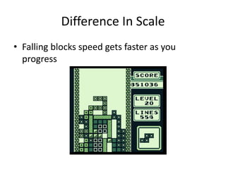 Difference In Scale
• Falling blocks speed gets faster as you
progress
 