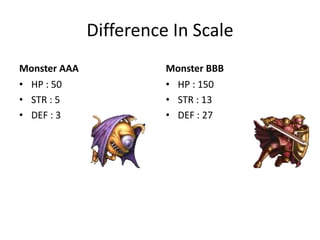 Difference In Scale
Monster AAA
• HP : 50
• STR : 5
• DEF : 3
Monster BBB
• HP : 150
• STR : 13
• DEF : 27
 