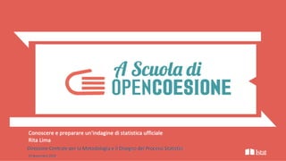 Conoscere e preparare un'indagine di statistica ufficiale
Rita Lima
Direzione Centrale per la Metodologia e il Disegno dei Processi Statistici
19 Novembre 2020
 