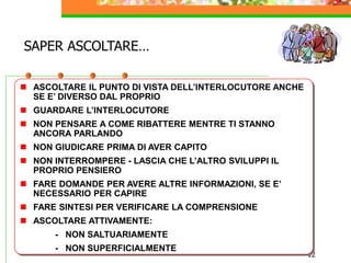 12
SAPER ASCOLTARE…
 ASCOLTARE IL PUNTO DI VISTA DELL’INTERLOCUTORE ANCHE
SE E’ DIVERSO DAL PROPRIO
 GUARDARE L’INTERLOCUTORE
 NON PENSARE A COME RIBATTERE MENTRE TI STANNO
ANCORA PARLANDO
 NON GIUDICARE PRIMA DI AVER CAPITO
 NON INTERROMPERE - LASCIA CHE L’ALTRO SVILUPPI IL
PROPRIO PENSIERO
 FARE DOMANDE PER AVERE ALTRE INFORMAZIONI, SE E’
NECESSARIO PER CAPIRE
 FARE SINTESI PER VERIFICARE LA COMPRENSIONE
 ASCOLTARE ATTIVAMENTE:
- NON SALTUARIAMENTE
- NON SUPERFICIALMENTE
 