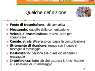 18
Qualche definizione
 Fonte di trasmissione: chi comunica
 Messaggio: oggetto della comunicazione
 Veicolo di trasmissione: mezzo usato per
comunicare
 Canale: strada attraverso cui passa la comunicazione
 Strumento di ricezione: mezzo con il quale si
raccoglie il messaggio
 Destinatario: persona alla quale indirizziamo il
messaggio
 Interferenza: tutto ciò che ostacola la trasmissione
e la ricezione di un messaggio
 