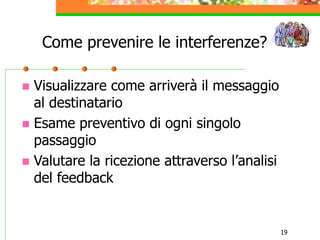 19
Come prevenire le interferenze?
 Visualizzare come arriverà il messaggio
al destinatario
 Esame preventivo di ogni singolo
passaggio
 Valutare la ricezione attraverso l’analisi
del feedback
 