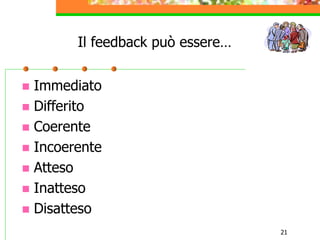 21
Il feedback può essere…
 Immediato
 Differito
 Coerente
 Incoerente
 Atteso
 Inatteso
 Disatteso
 