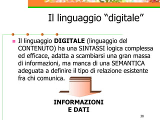 38
Il linguaggio “digitale”
 Il linguaggio DIGITALE (linguaggio del
CONTENUTO) ha una SINTASSI logica complessa
ed efficace, adatta a scambiarsi una gran massa
di informazioni, ma manca di una SEMANTICA
adeguata a definire il tipo di relazione esistente
fra chi comunica.
INFORMAZIONI
E DATI
 