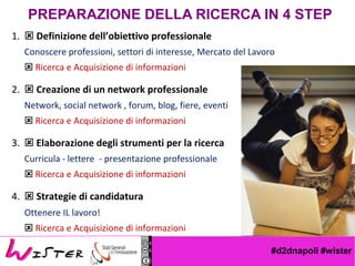 #d2dnapoli #wister
PREPARAZIONE DELLA RICERCA IN 4 STEP
1. ? Definizione dellobiettivo professionale
? Conoscere professioni, settori di interesse, Mercato del Lavoro
? ? Ricerca e Acquisizione di informazioni
2. ? Creazione di un network professionale
? Network, social network , forum, blog, fiere, eventi
? ? Ricerca e Acquisizione di informazioni
3. ? Elaborazione degli strumenti per la ricerca
? Curricula - lettere - presentazione professionale
? ? Ricerca e Acquisizione di informazioni
4. ? Strategie di candidatura
? Ottenere IL lavoro!
? ? Ricerca e Acquisizione di informazioni
 