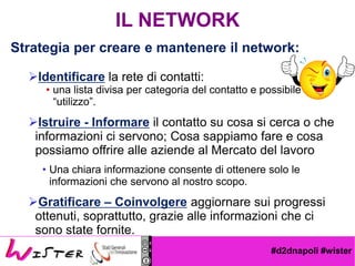 #d2dnapoli #wister
Strategia per creare e mantenere il network:
?Identificare la rete di contatti:
? una lista divisa per categoria del contatto e possibile
utilizzo.
?Istruire - Informare il contatto su cosa si cerca o che
informazioni ci servono; Cosa sappiamo fare e cosa
possiamo offrire alle aziende al Mercato del lavoro
? Una chiara informazione consente di ottenere solo le
informazioni che servono al nostro scopo.
?Gratificare C Coinvolgere aggiornare sui progressi
ottenuti, soprattutto, grazie alle informazioni che ci
sono state fornite.
IL NETWORK
 