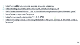 14
⊹ http://www.g20brasil.com.br/o-que-sao-lampadas-halogenas/
⊹ https://hosting.iar.unicamp.br/lab/luz/ld/L%E2mpadas/Halogenas.pdf
⊹ https://www.mundodaeletrica.com.br/lampada-de-halogenio-vantagens-e-desvantagens/
⊹ https://www.tevepro.com/lampadas
⊹ https://www.youtube.com/watch?v=_810f-07i0k
⊹ https://www.emporioluz.com.br/blog/dicas/led-ou-halogena-conheca-a-diferenca-entre-as-
lampadas/
 