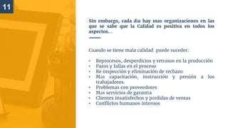 11
Sin embargo, cada día hay mas organizaciones en las
que se sabe que la Calidad es positiva en todos los
aspectos…
Cuando se tiene mala calidad puede suceder:
• Reprocesos, desperdicios y retrasos en la producción
• Paros y fallas en el proceso
• Re inspección y eliminación de rechazo
• Más capacitación, instrucción y presión a los
trabajadores.
• Problemas con proveedores
• Más servicios de garantía
• Clientes insatisfechos y pérdidas de ventas
• Conflictos humanos internos
 