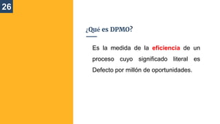 Es la medida de la eficiencia de un
proceso cuyo significado literal es
Defecto por millón de oportunidades.
26
¿Qué es DPMO?
 
