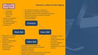 Actores y roles en Seis Sigma
Champion
Green Belt
Yellow Belt
Black Belt
• Participan y lideran
proyectos
• Atacan problemas de
sus áreas
• Conocen DMAIC y
herramientas
estadísticas a un nivel
práctico.
• Propietarios de los problemas
• Participan activamente en proyectos
• Desplegar definición
• Obtención de datos
• Aportan en búsqueda de causas y soluciones
• Papel crucial en control del procesos.
• Dedicados a 6 sigma
• Lideran y asesoran
proyectos
• Soporte metodológico
• Pasión por los
proyectos
• Conocen DMAIC y
herramientas
estadísticas.
• Son directivos medios y superiores
• Establecen los proyectos a desarrollar
• Alinea seis sigma con la estrategia del negocio
• Patrocinan proyectos (rompen barreras)
• Revisan proyectos
• Conocen DMAIC
Comité
directivo para
6σ
• Champion
• Black Belt
• Green Belt
• Operan la estrategia
de implantación
• Establecen programa
de entrenamiento
• Impulsan 6σ
 