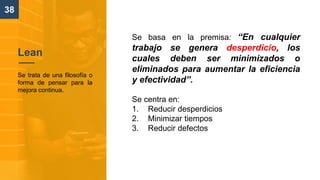 38
Se basa en la premisa: “En cualquier
trabajo se genera desperdicio, los
cuales deben ser minimizados o
eliminados para aumentar la eficiencia
y efectividad”.
Se centra en:
1. Reducir desperdicios
2. Minimizar tiempos
3. Reducir defectos
Lean
Se trata de una filosofía o
forma de pensar para la
mejora continua.
 