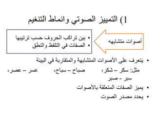 1)‫التنغيم‬ ‫وانماط‬ ‫الصوتي‬ ‫التمييز‬
•‫البيئة‬ ‫في‬ ‫والمتقاربة‬ ‫المتشابهة‬ ‫األصوات‬ ‫على‬ ‫يتعرف‬
‫مثل‬:‫سكر‬–،‫شكر‬‫صباح‬–،‫سباح‬‫عسر‬–،‫عصر‬
‫سبر‬-‫صبر‬
•‫باألصوات‬ ‫المتعلقة‬ ‫الصفات‬ ‫يميز‬
•‫الصوت‬ ‫مصدر‬ ‫يحدد‬
‫متشابهه‬ ‫أصوات‬
•‫ترتيب‬ ‫حسب‬ ‫الحروف‬ ‫تراكب‬ ‫بين‬‫ها‬
•‫والنطق‬ ‫التلفظ‬ ‫في‬ ‫الصفات‬
 
