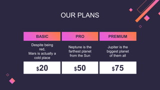 OUR PLANS
BASIC PRO PREMIUM
Despite being
red,
Mars is actually a
cold place
Neptune is the
farthest planet
from the Sun
J...