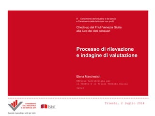 Trieste, 2 luglio 2014
Principali innovazioni
e risultati del
Censimento
Censimento
dell’industria
e dei servizi 2011
ANDREA MANCINI
Direttore del
Dipartimento per i
Censimenti e i registri
amministrativi e
statistici, Istat
Processo di rilevazione
e indagine di valutazione
Elena Marchesich
Ufficio territoriale per
il Veneto e il Friuli Venezia Giulia
Istat
9° Censimento dell’industria e dei servizi
e Censimento delle Istituzioni non profit
Check-up del Friuli Venezia Giulia
alla luce dei dati censuari
Trieste, 2 luglio 2014
 