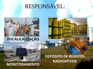 FISCALICALIZAÇÃO
MONITORAMENTO
DEPÓSITO DE REJEITOS
RADIOATIVOS
RESPONSÁVEL:
 
