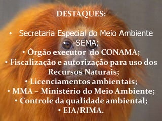 DESTAQUES:
• Secretaria Especial do Meio Ambiente
• -SEMA;
• Órgão executor do CONAMA;
• Fiscalização e autorização para uso dos
Recursos Naturais;
• Licenciamentos ambientais;
• MMA – Ministério do Meio Ambiente;
• Controle da qualidade ambiental;
• EIA/RIMA.
 
