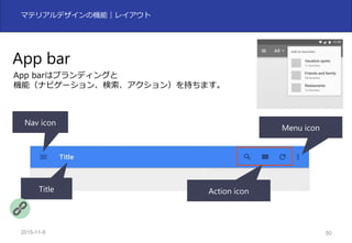 2015-11-10 50
マテリアルデザインの機能｜レイアウト
App bar
App barはブランディングと
機能（ナビゲーション、検索、アクション）を持ちます。
Nav icon
Title Action icon
Menu icon
 