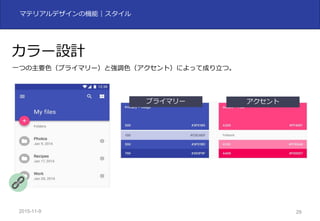 2015-11-10 29
マテリアルデザインの機能｜スタイル
カラー設計
⼀つの主要⾊（プライマリー）と強調⾊（アクセント）によって成り⽴つ。
プライマリー アクセント
 