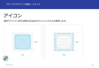 2015-11-10 35
マテリアルデザインの機能｜スタイル
アイコン
独⾃でアイコンを作る場合は24dpのグリッドシステムを使⽤します。
 